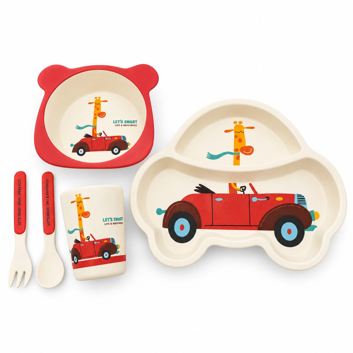 Set vaisselle bébé bambou 5 pièces voiture rouge : assiette, bol, gobelet, cuillère et fourchette