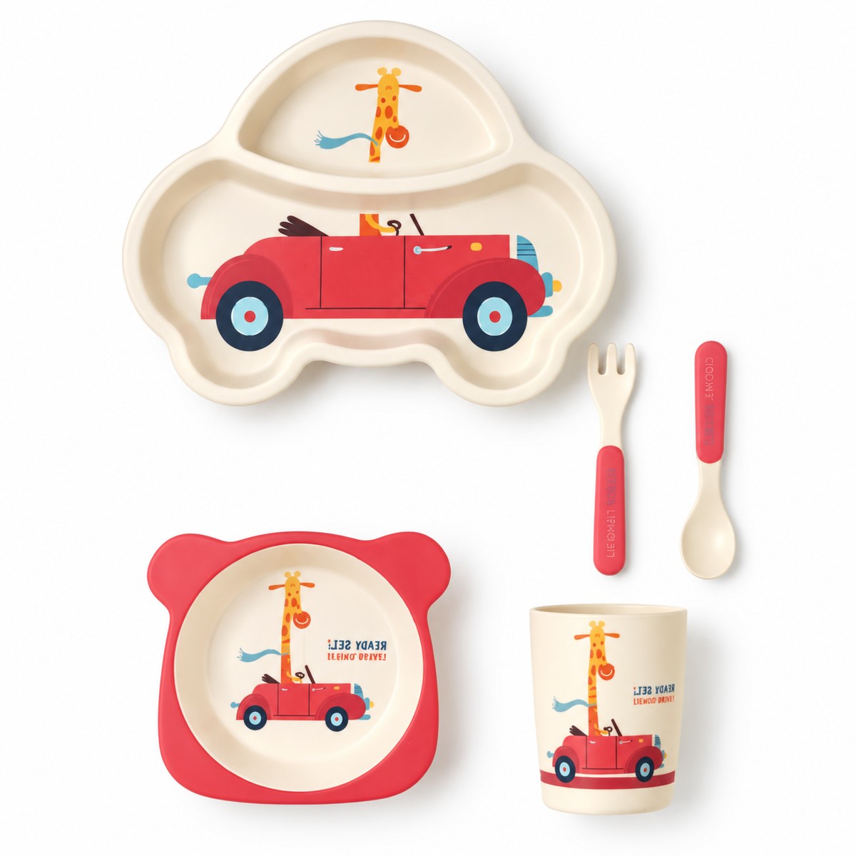 Assiette en forme de voiture rouge à compartiments avec girafe au volant, bol et gobelet
