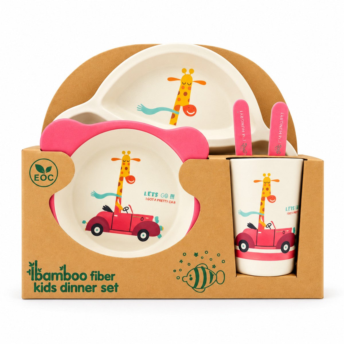 Set vaisselle bambou voiture rouge dans son emballage carton Bamboo Fiber Kids Dinner Set