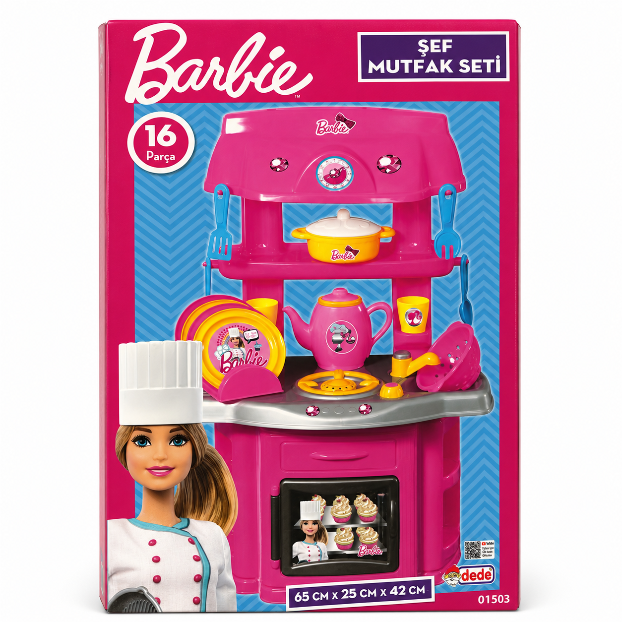 Boîte Barbie Chef : cuisine enfant 16 pièces avec four ouvrant, hotte et vaisselle, 65 cm, dès 3 ans