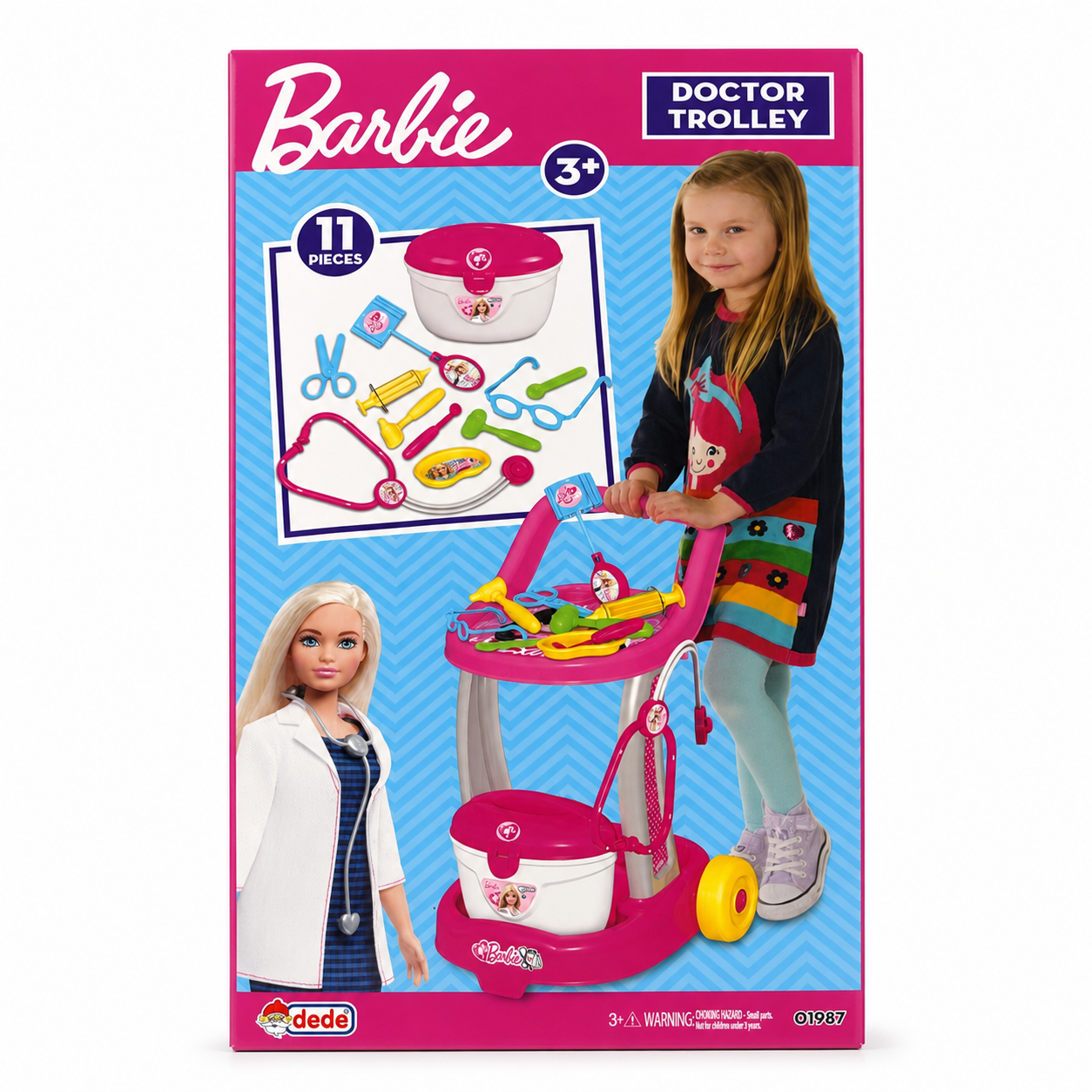 Chariot de docteur Barbie 11 pièces avec stéthoscope, seringue et bassine de rangement, dès 3 ans