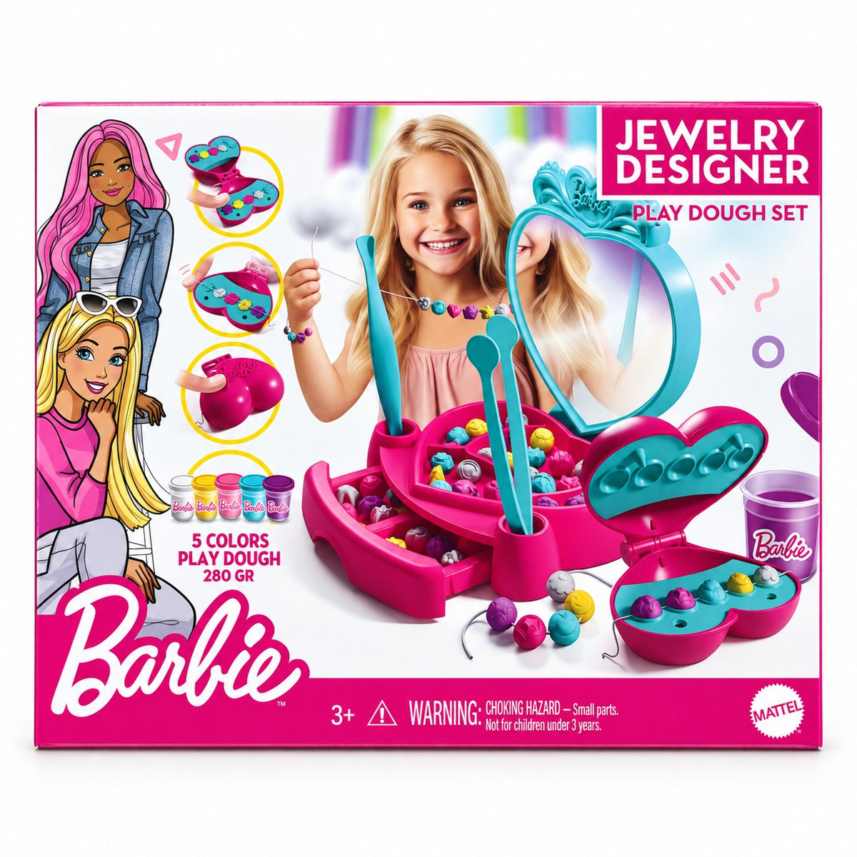 Boîte Barbie Jewelry Designer : coffret pâte à modeler pour créer colliers et bracelets, 5 couleurs 280 g, dès 3 ans