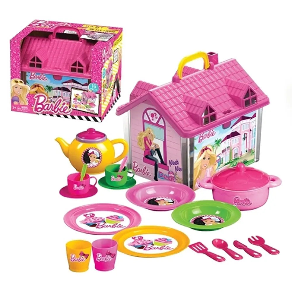 Maison dinette Barbie rose avec service à thé, assiettes, casserole et couverts, dès 3 ans
