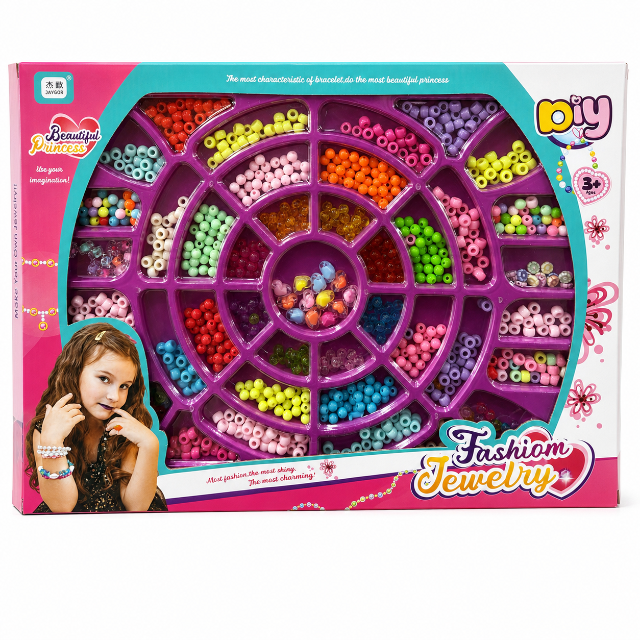 Coffret Beautiful Princess Fashion Jewelry : grand plateau de perles colorées à 24 compartiments, dès 3 ans