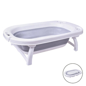 Baignoire bébé pliante Beehome grise dépliée sur ses pieds, avec vignette en position repliée
