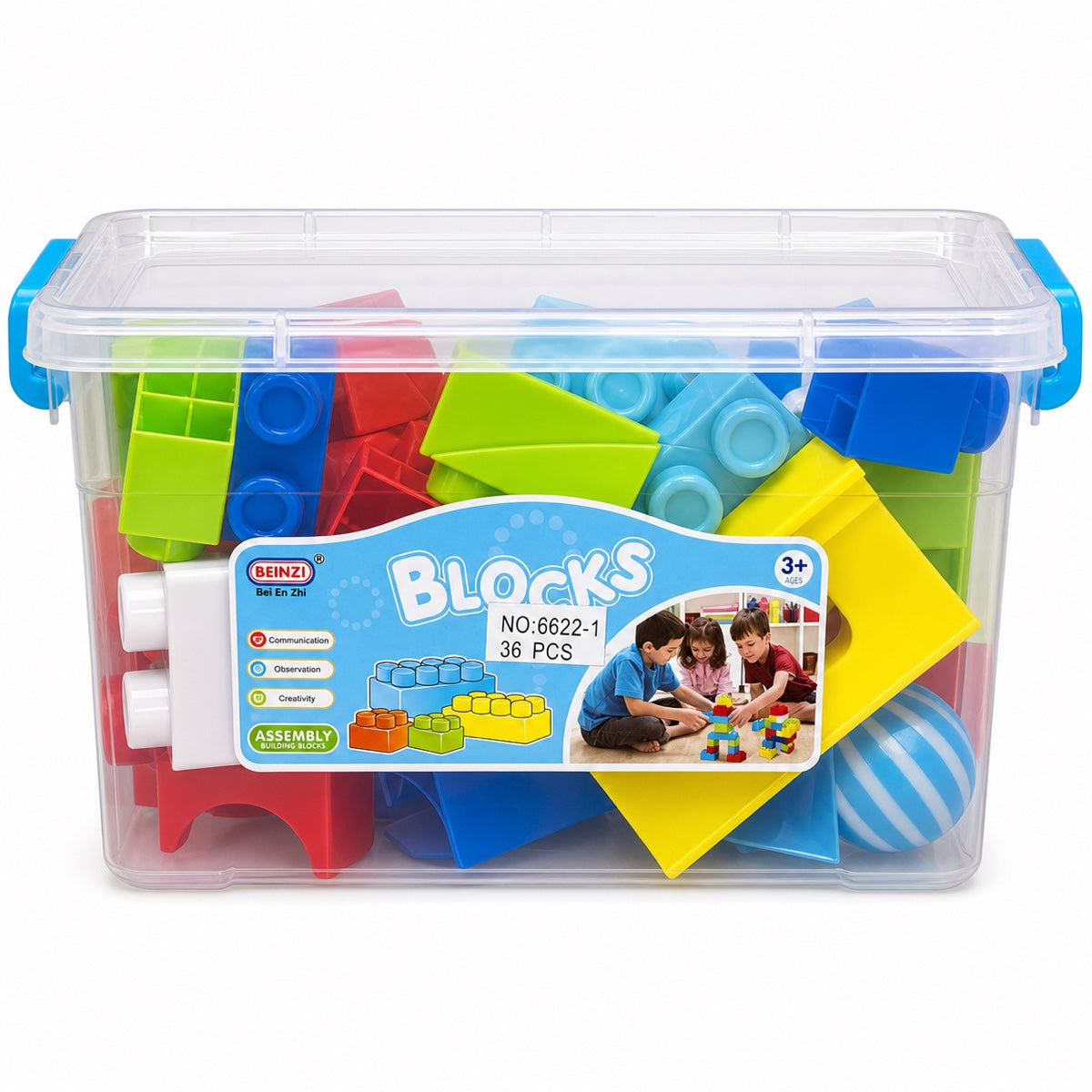 Bac transparent BEINZI Blocks contenant 36 grosses briques de construction colorées, dès 3 ans