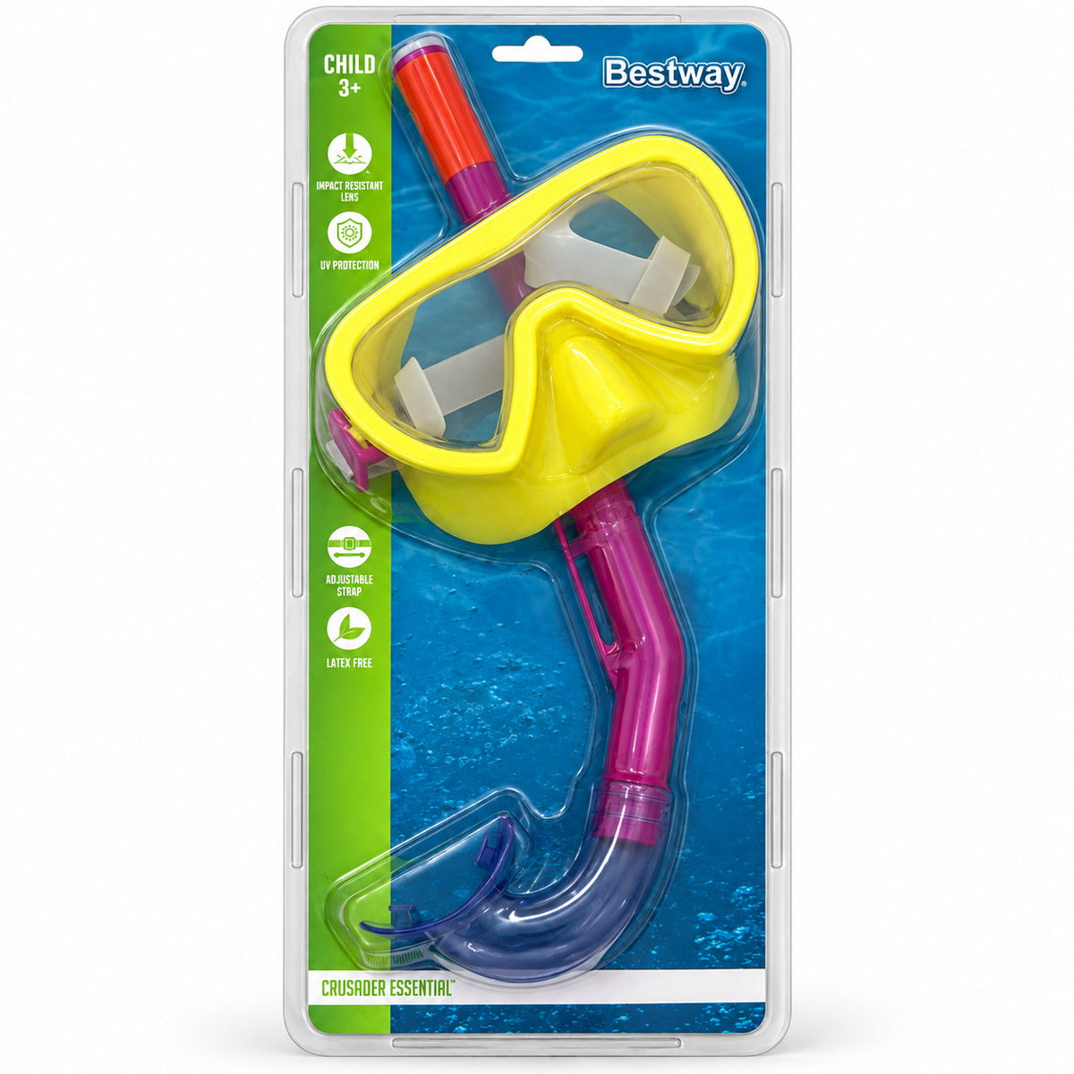 Blister Bestway Crusader Essential : verre anti-choc, protection UV, sangle réglable, sans latex, enfant 3 ans et plus