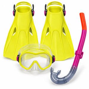 Set snorkeling Bestway Crusader Essential : masque jaune, tuba rose et paire de palmes jaunes réglables