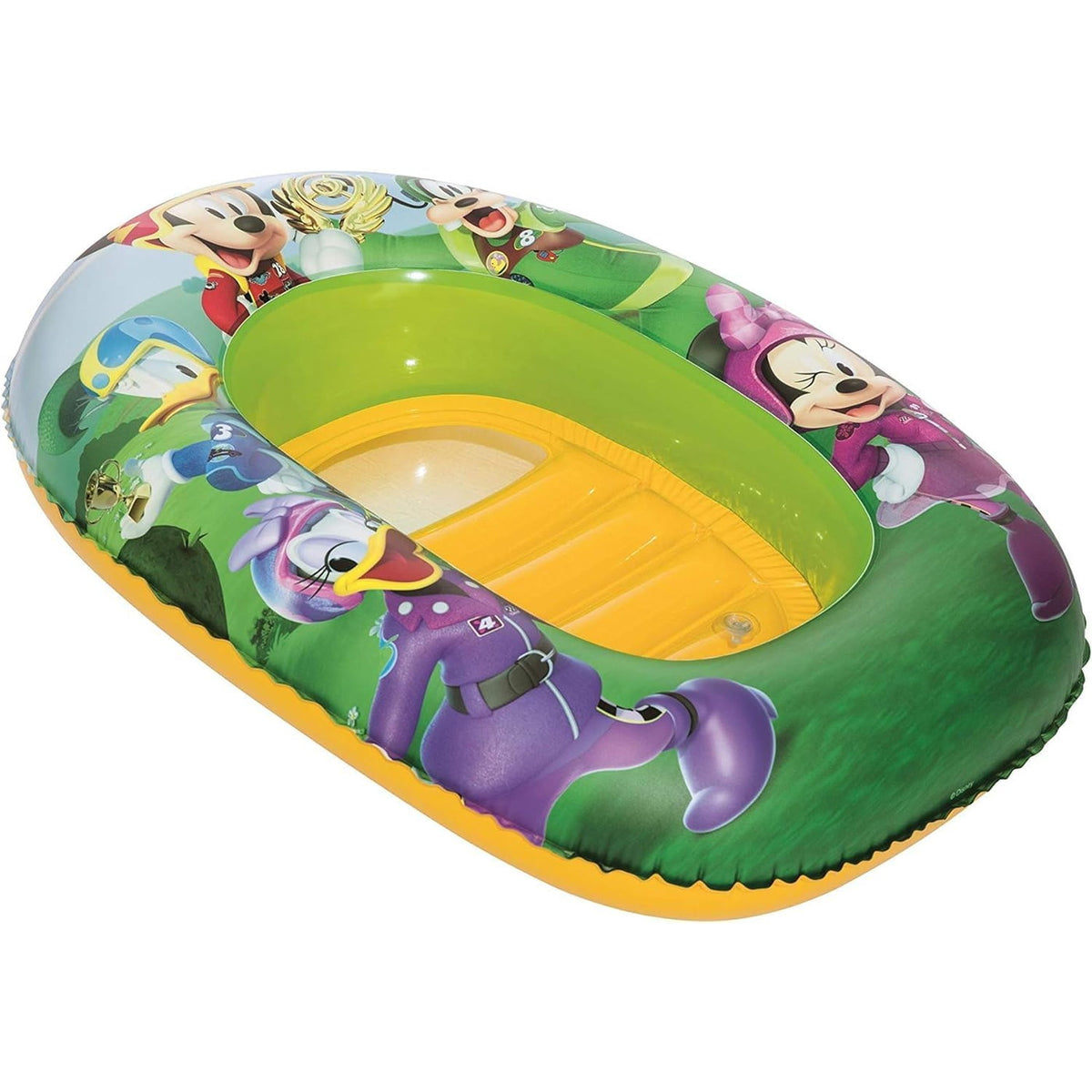 Bateau gonflable Mickey Bestway vu de l'autre côté, fond coussiné jaune et personnages Disney sur le pourtour
