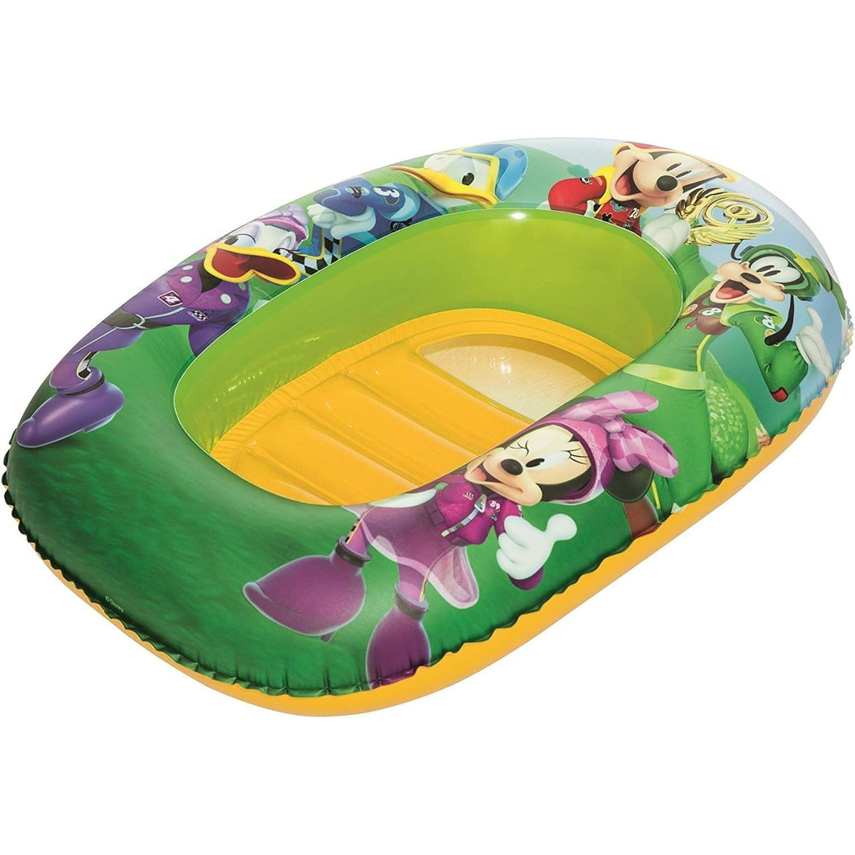 Bateau gonflable Bestway Mickey and the Roadster Racers vu de dessus, boudin vert et jaune avec Mickey, Minnie et Donald