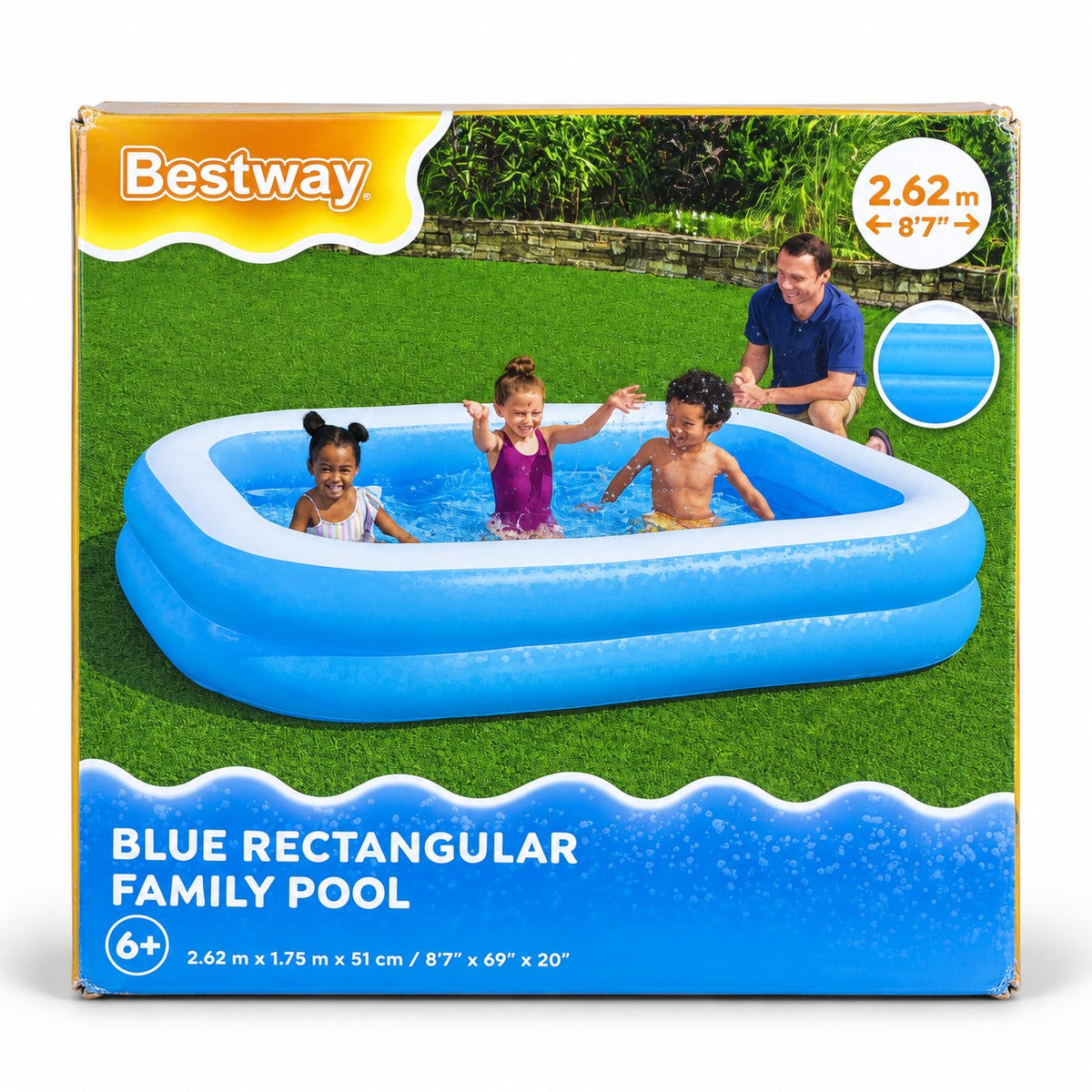 Boîte Bestway Blue Rectangular Family Pool, 2,62 m × 1,75 m × 51 cm, dès 6 ans