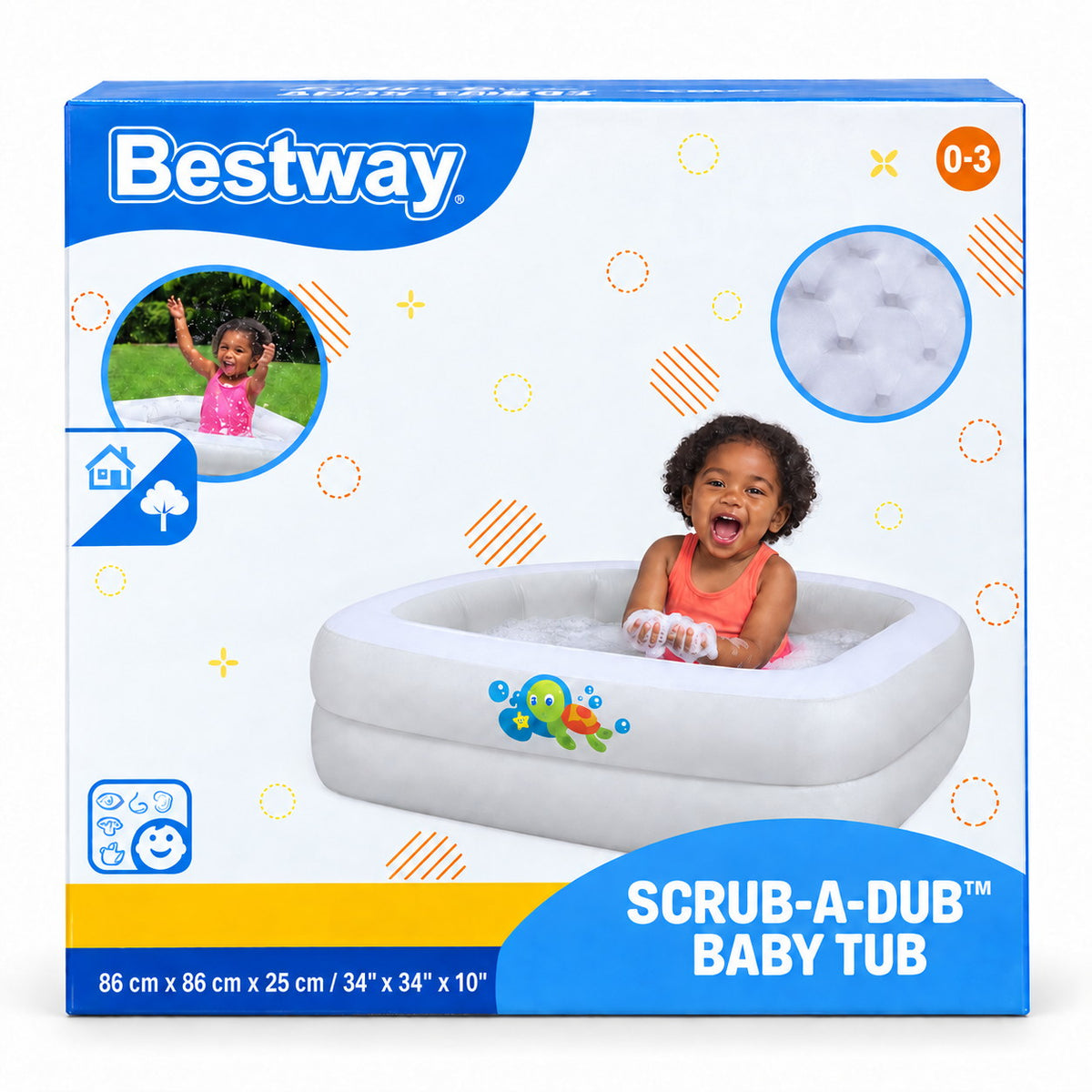 Boîte Bestway Scrub-a-Dub Baby Tub 86 x 86 x 25 cm, 0-3 ans, avec enfant assis dans la baignoire