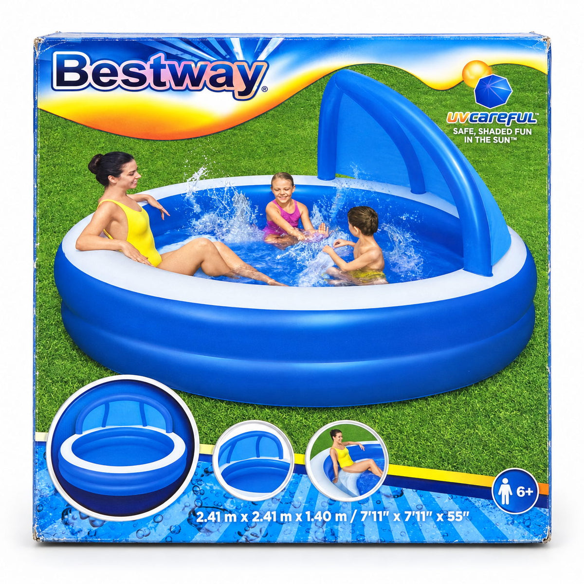 Boîte Bestway piscine familiale avec auvent UV Careful, 2,41 m x 2,41 m x 1,40 m, 6 ans et plus