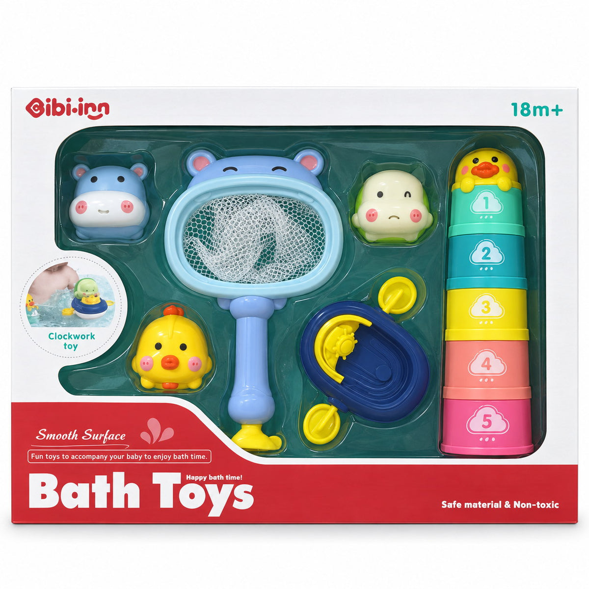 Coffret Bibi-inn Bath Toys : épuisette hippo, animaux flottants, barque à manivelle et 5 gobelets empilables