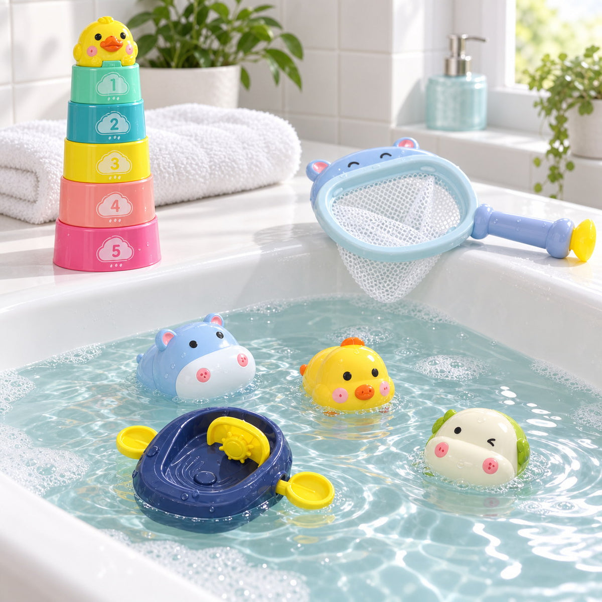 Les jouets de bain Bibi-inn en situation : tour de gobelets, épuisette à ventouse, barque et 3 animaux flottants