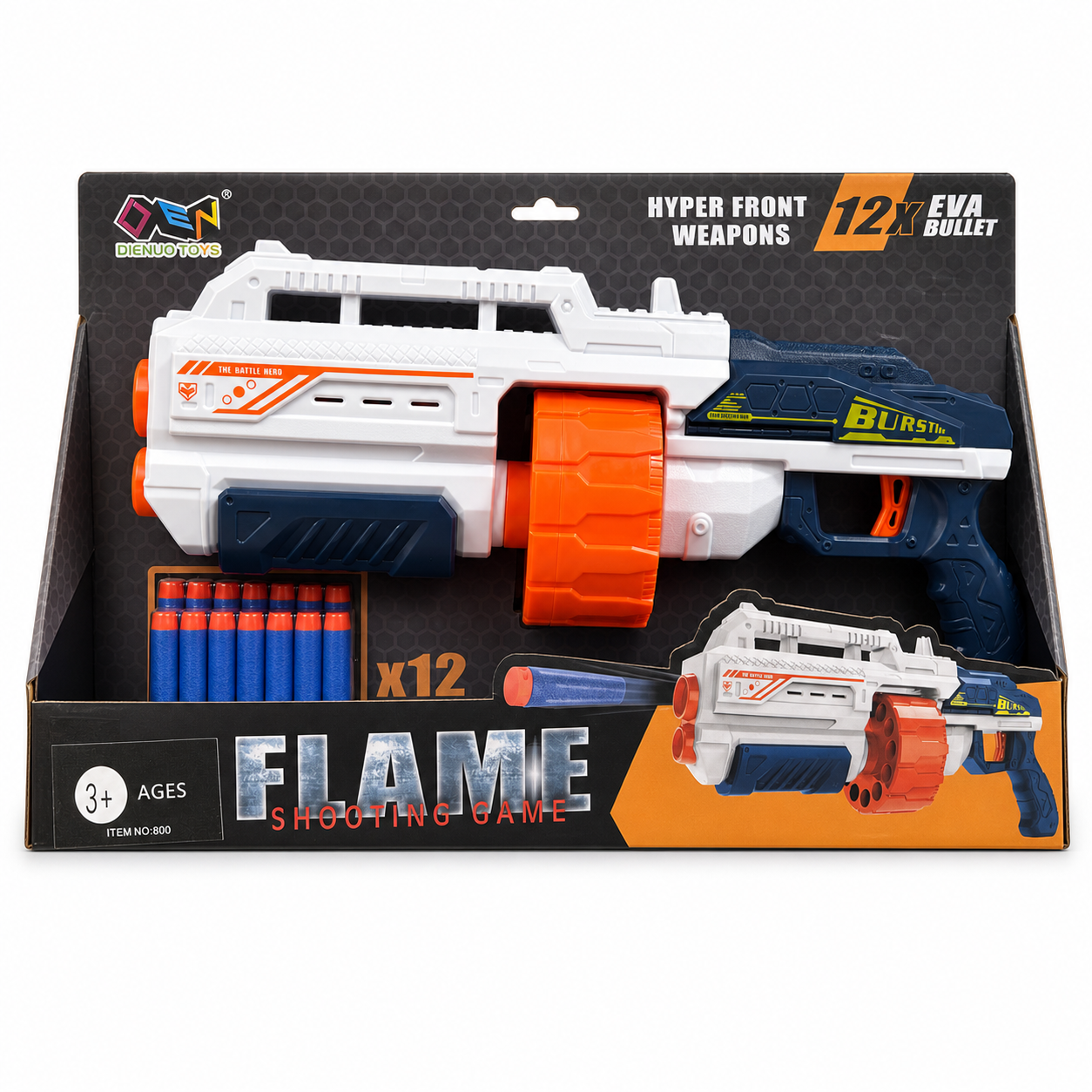 Blaster Flame Shooting Game blanc, bleu nuit et orange avec barillet rotatif et 12 fléchettes en mousse EVA, dans sa boîte