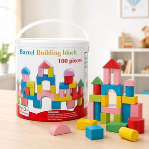 Seau de 100 blocs de construction en bois colorés Montessori avec château assemblé, dès 3 ans