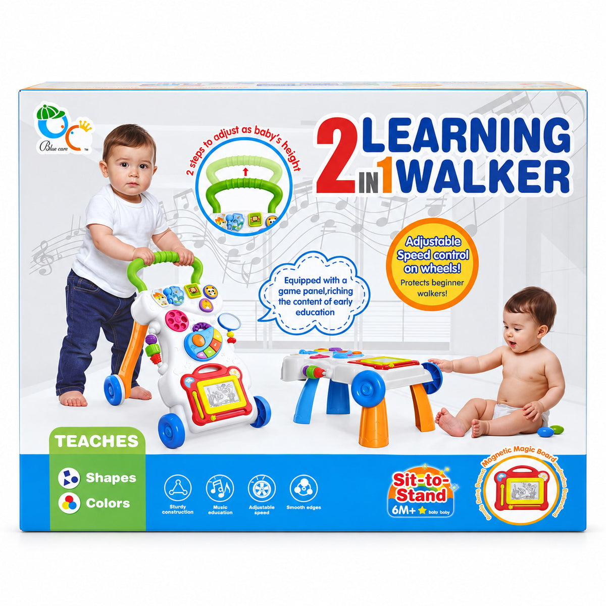 Emballage Blue care 2 en 1 Learning Walker : trotteur chariot de marche blanc et vert avec ardoise magique, transformable en table d'activités, dès 6 mois