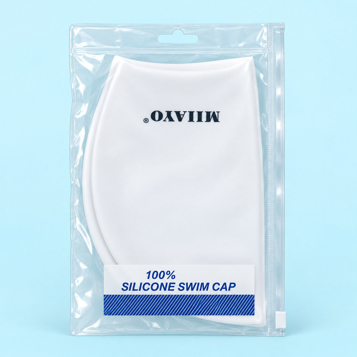 Bonnet de bain en silicone blanc dans son sachet zippé 100% Silicone Swim Cap