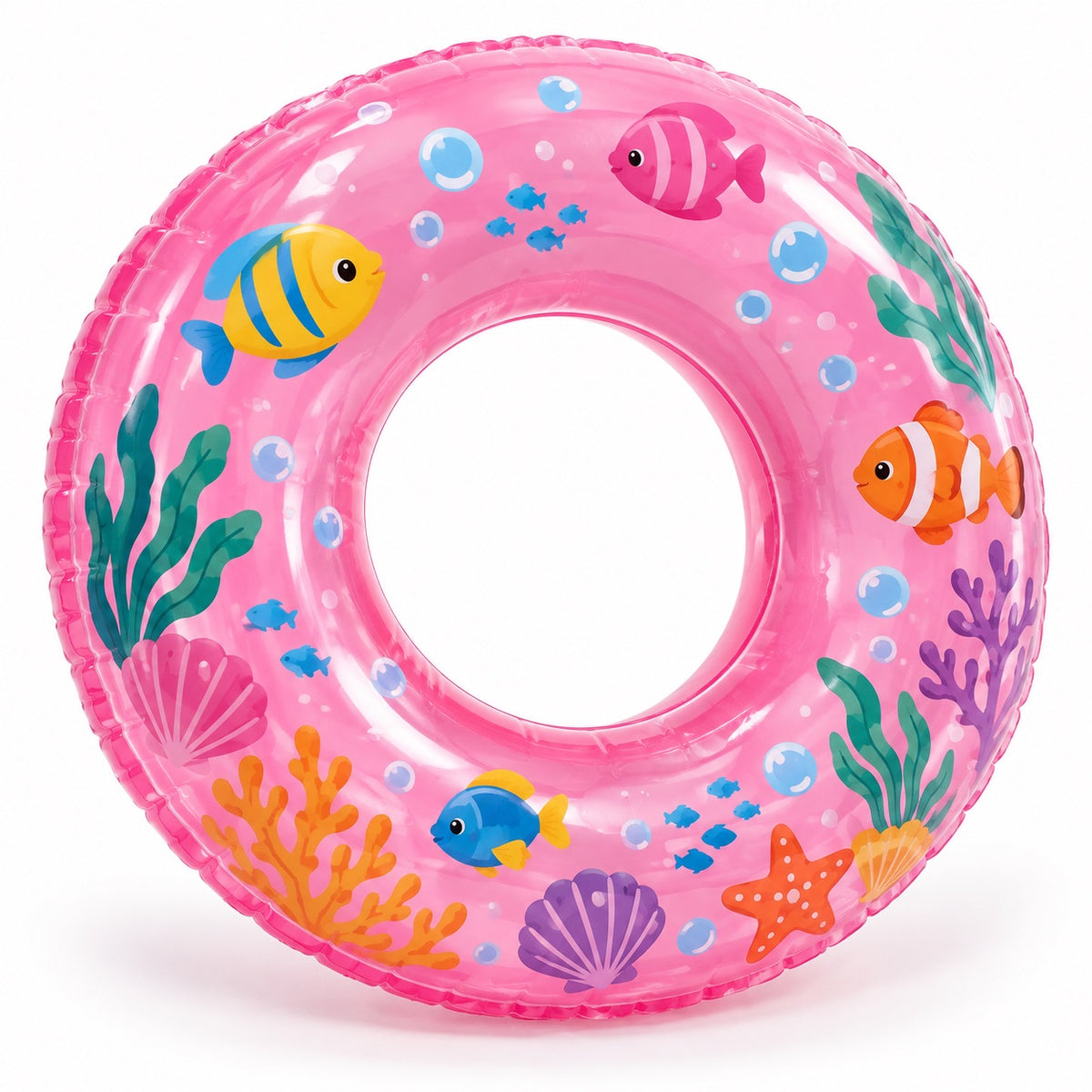 Bouée gonflable enfant rose transparente 60 cm à motifs poissons et coraux