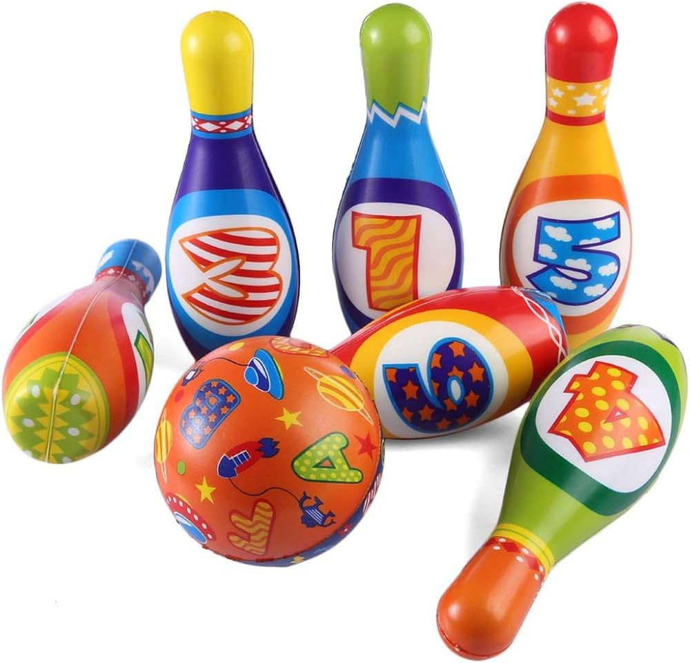 Les 6 quilles en mousse numérotées de 1 à 6 et la balle assortie
