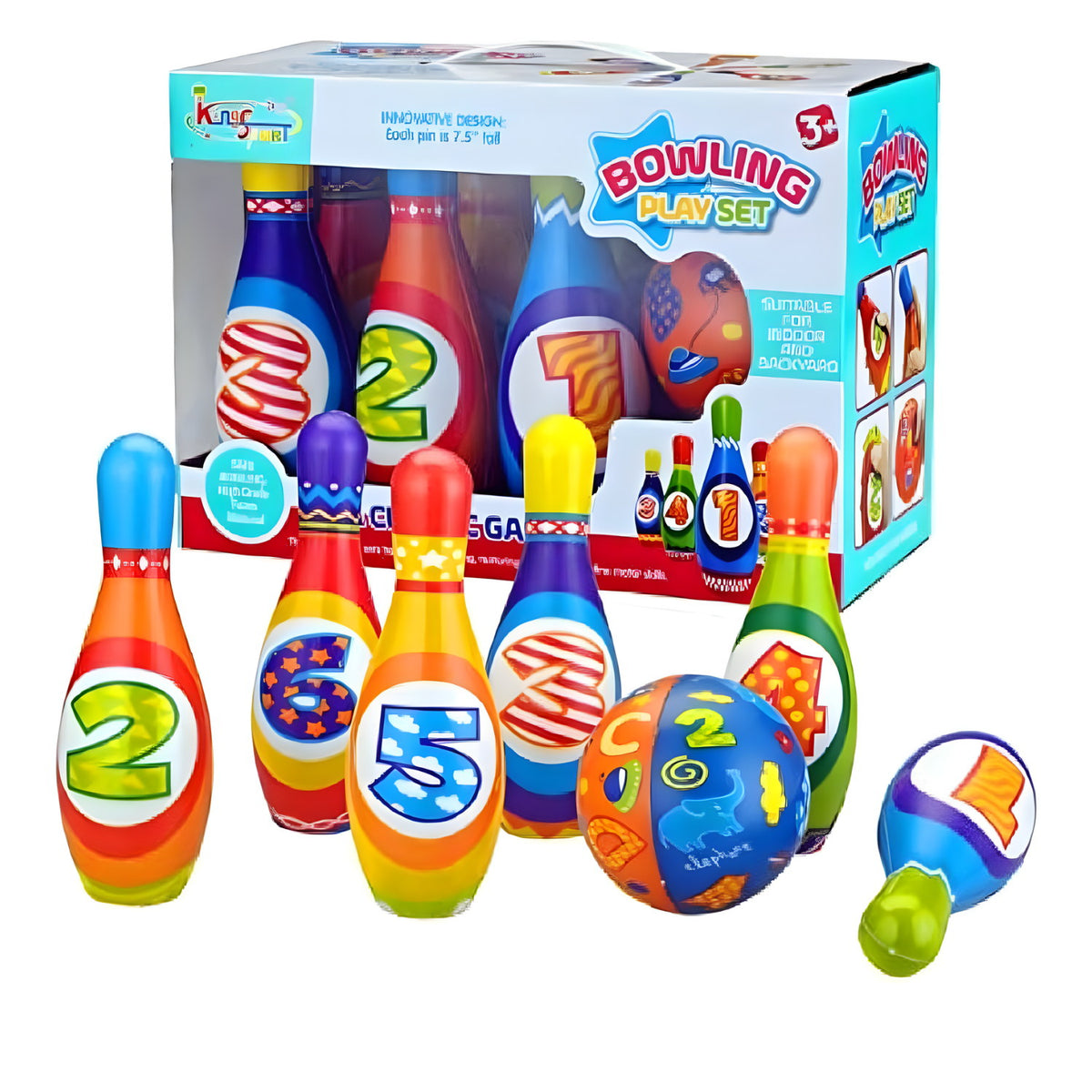 Set de bowling en mousse enfant : 6 quilles numérotées, balle et sa boîte