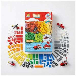 Assortiment du jeu de construction 1000 pièces : briques de toutes tailles par couleur, roues, vitres et séparateur orange