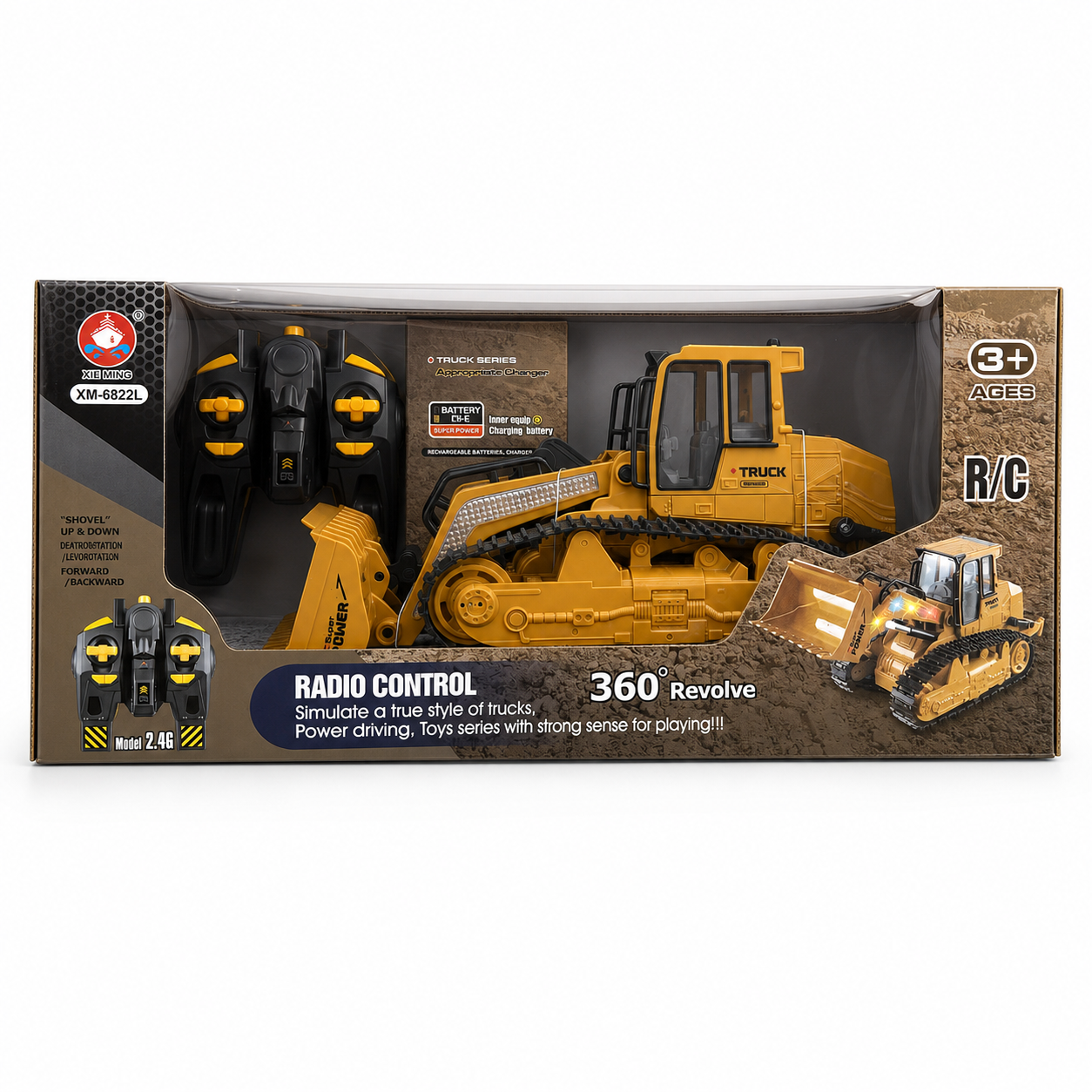 Boîte bulldozer radiocommandé XM-6822L : engin à chenilles 2.4 GHz avec lame relevable et rotation 360°, dès 3 ans
