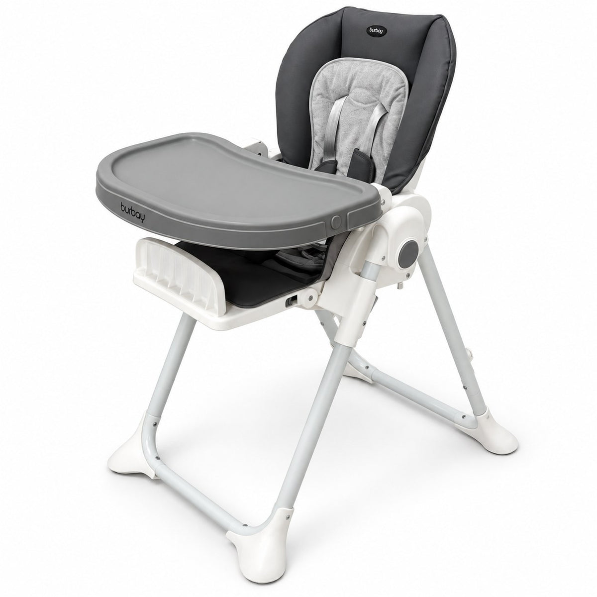 Chaise haute Burbay gris et blanc de trois quarts : assise coque anthracite matelassée, réducteur, plateau gris amovible et repose-pieds large