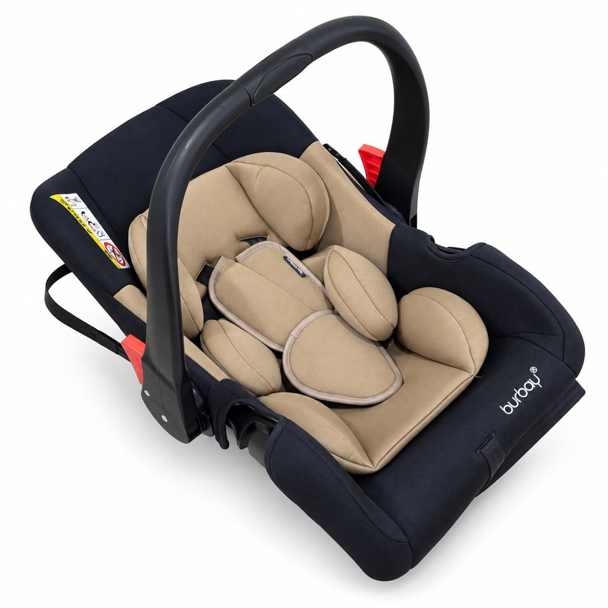 Assise du siège auto coque Burbay : réducteur beige intégral avec cale-tête et protections de harnais rembourrées