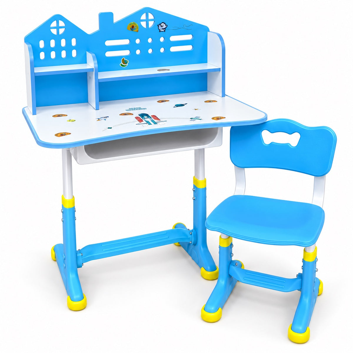 Bureau enfant bleu avec chaise assortie, décor avion et espace sur le plateau