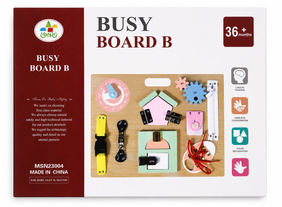 Boîte Busy Board B : planche d'activités Montessori en bois pastel avec horloge, engrenages, fermeture éclair, boucle et lacets, dès 36 mois