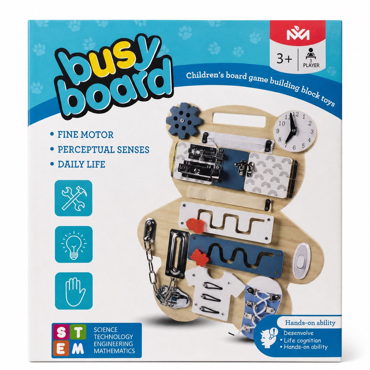 Boîte Busy Board : planche d'activités Montessori en bois bleu avec serrures, lacets, fermeture éclair, horloge et interrupteur, dès 3 ans