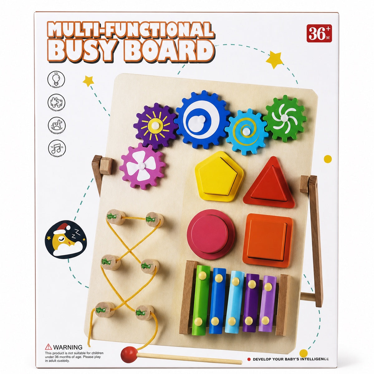 Boîte Multi-Functional Busy Board : planche d'activités en bois sur chevalet avec engrenages colorés, xylophone, formes et laçage, dès 36 mois
