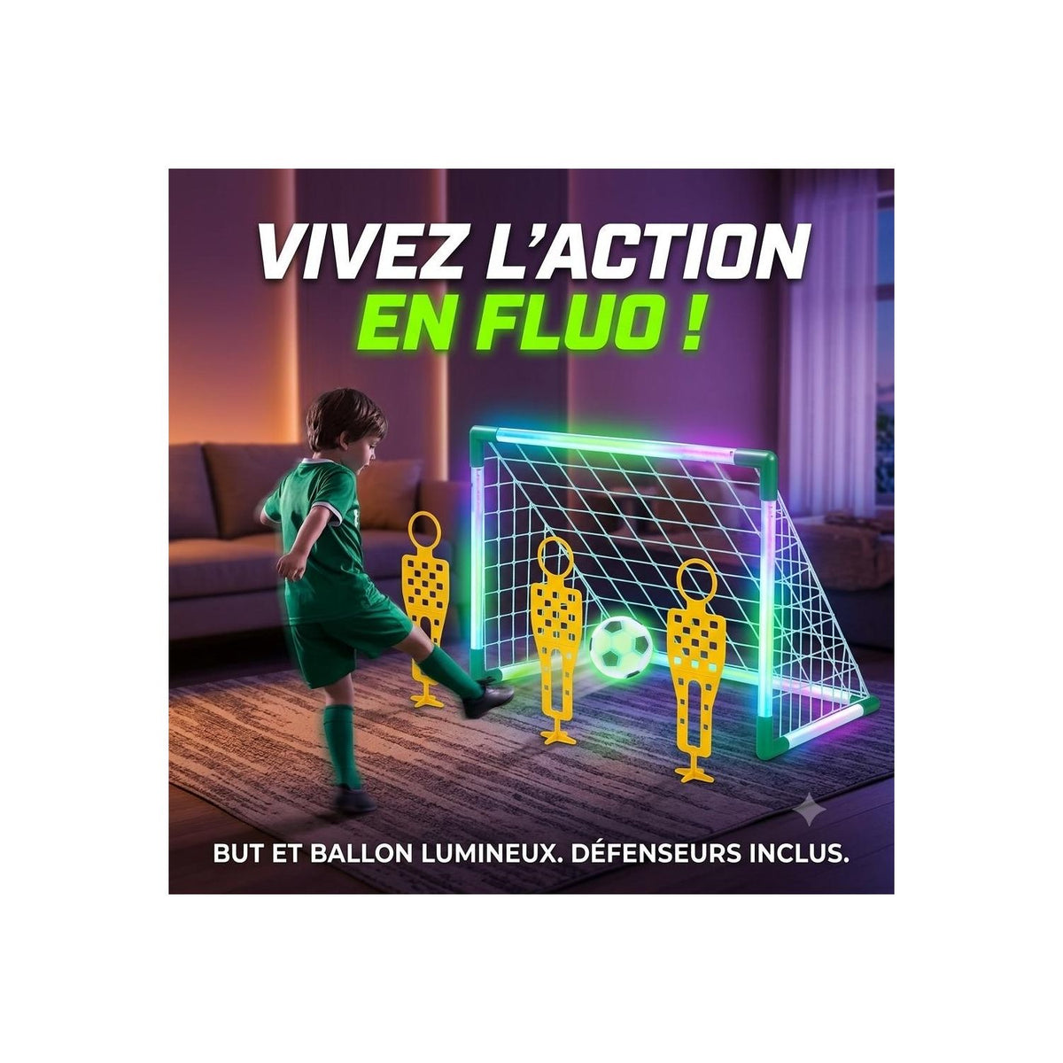 Enfant qui tire dans un but de football lumineux LED avec ballon brillant et 3 cibles défenseurs