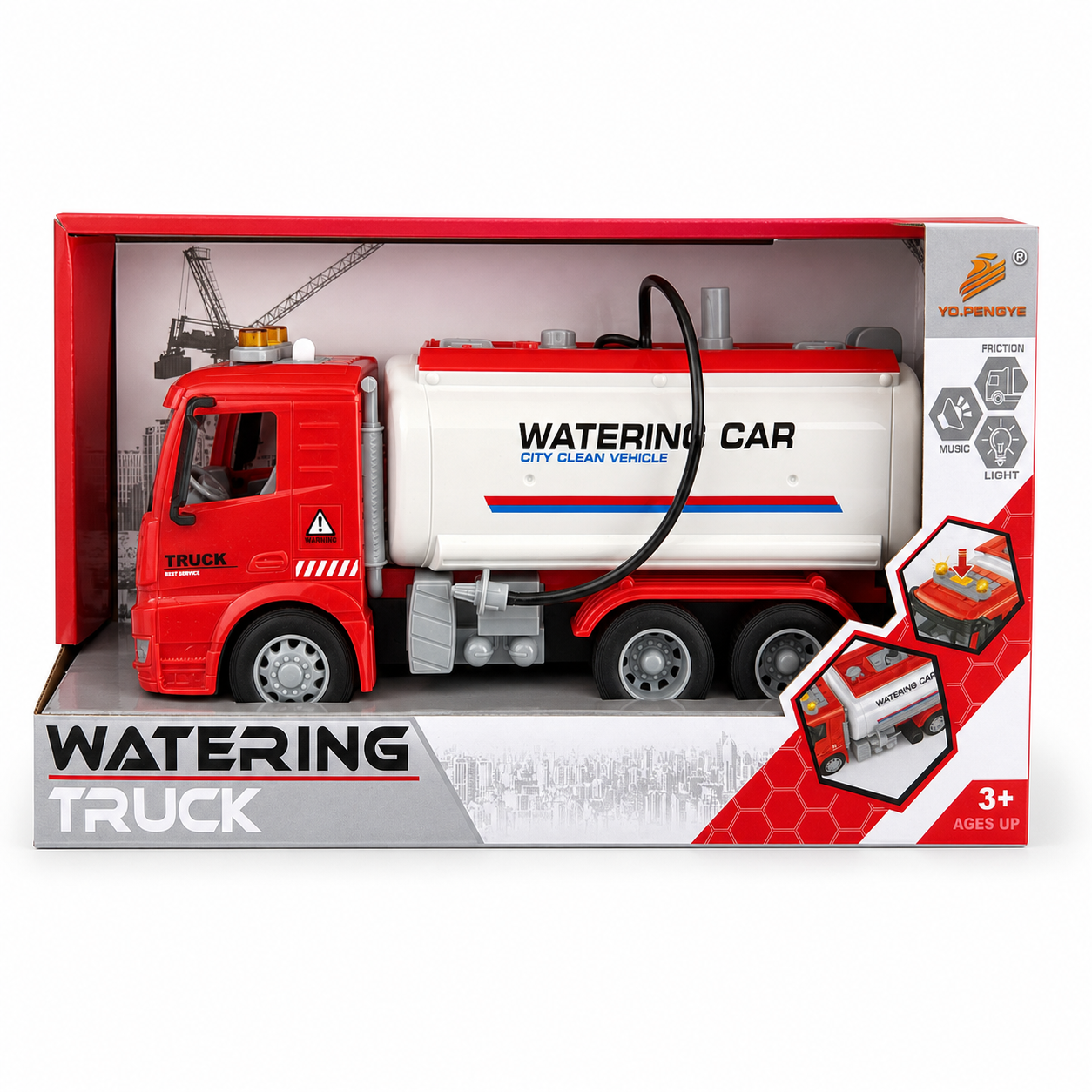 Camion d'arrosage jouet rouge et blanc à friction avec citerne Watering Car, gyrophare, musique et lumières, dans sa boîte