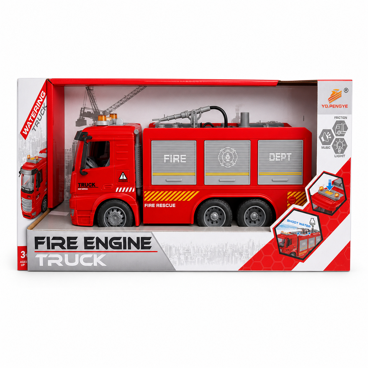 Camion de pompiers jouet rouge à friction avec lance à eau orientable, gyrophare et sons, dans sa boîte