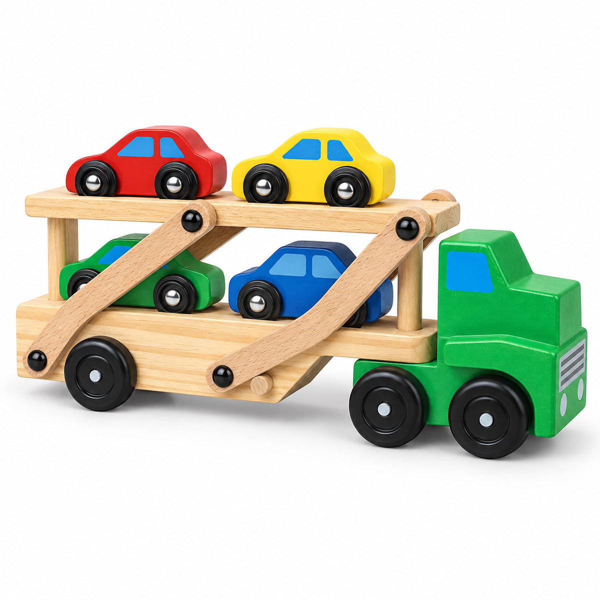 Camion porte-voitures en bois à deux niveaux chargé de 4 voitures rouge, jaune, verte et bleue