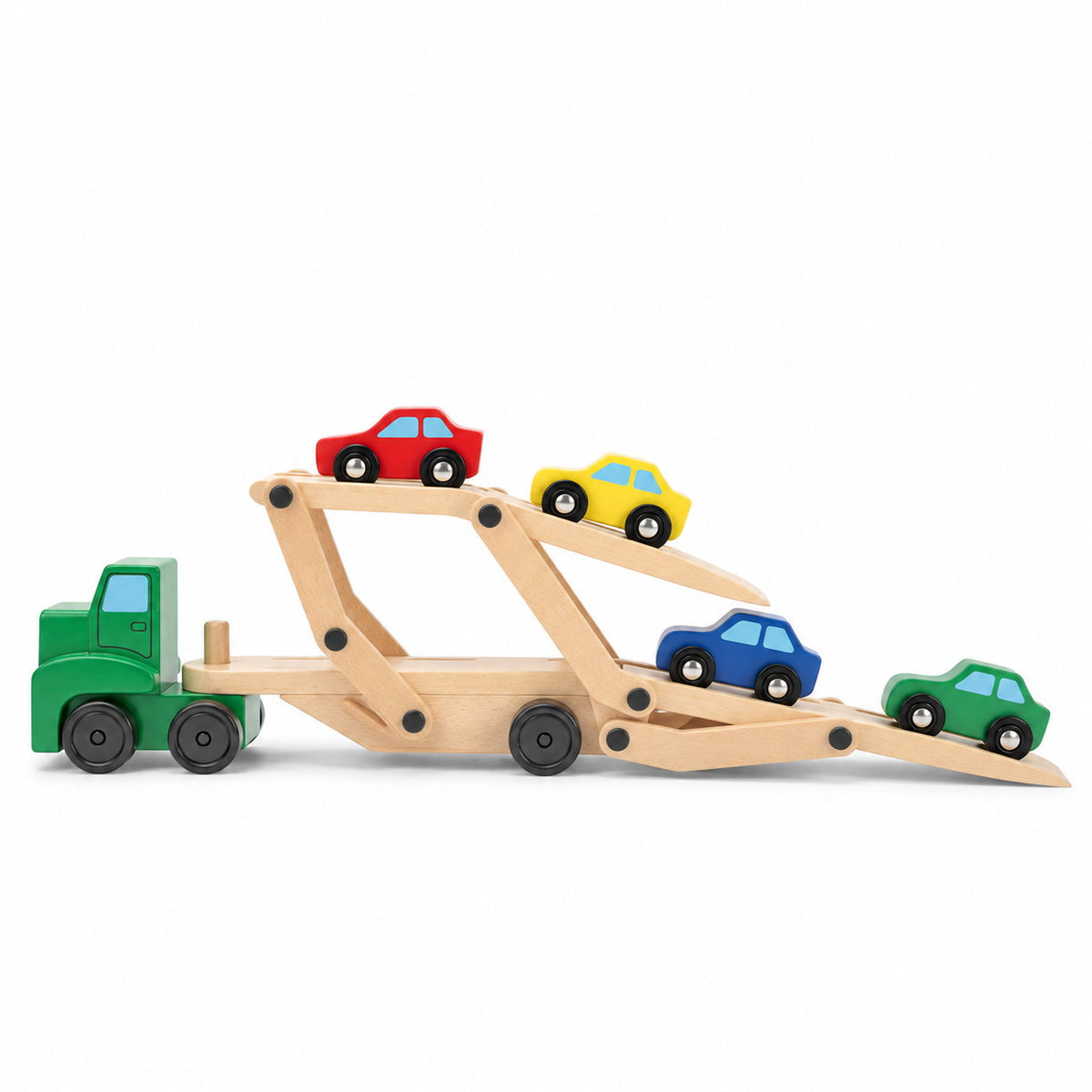 Camion porte-voitures en bois rampe abaissée, les voitures descendent du plateau