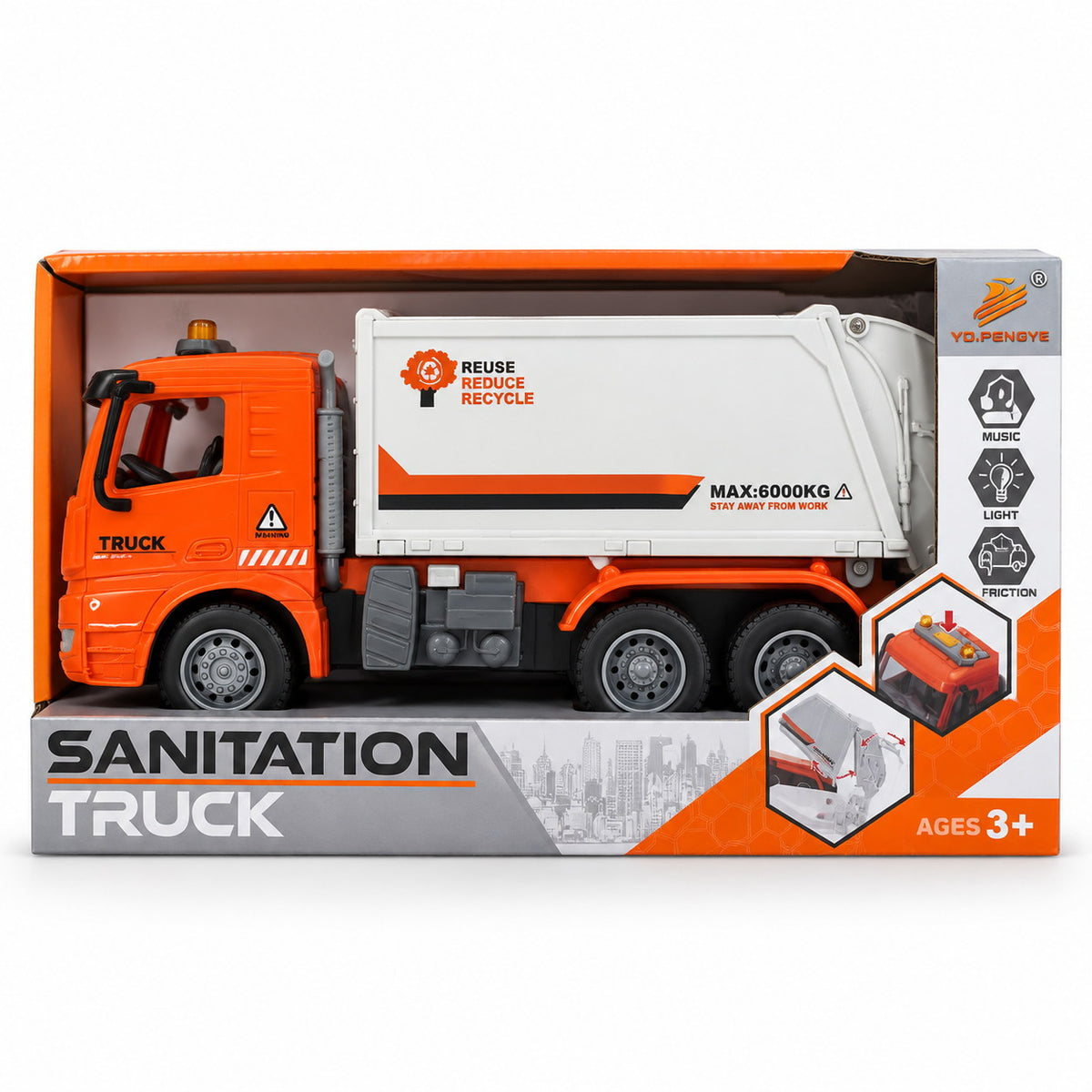 Boîte du camion poubelle YD.PENGYE orange et blanc à rétrofriction, avec musique, lumière et bac à ordures, dès 3 ans