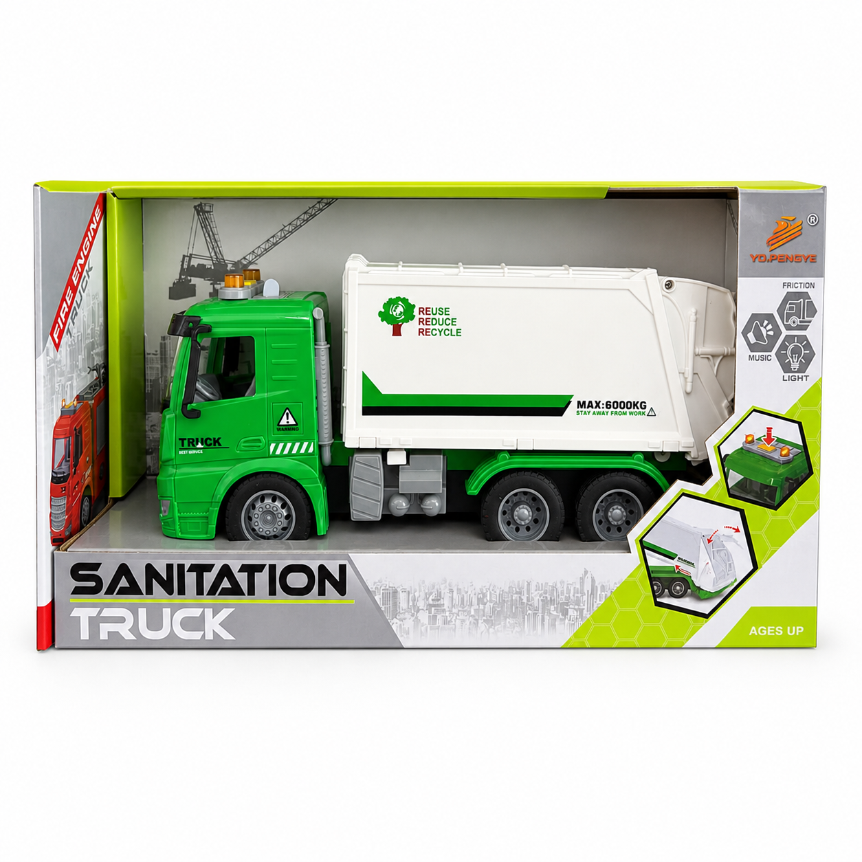 Camion poubelle jouet vert et blanc à friction avec benne basculante, gyrophare et sons, dans sa boîte