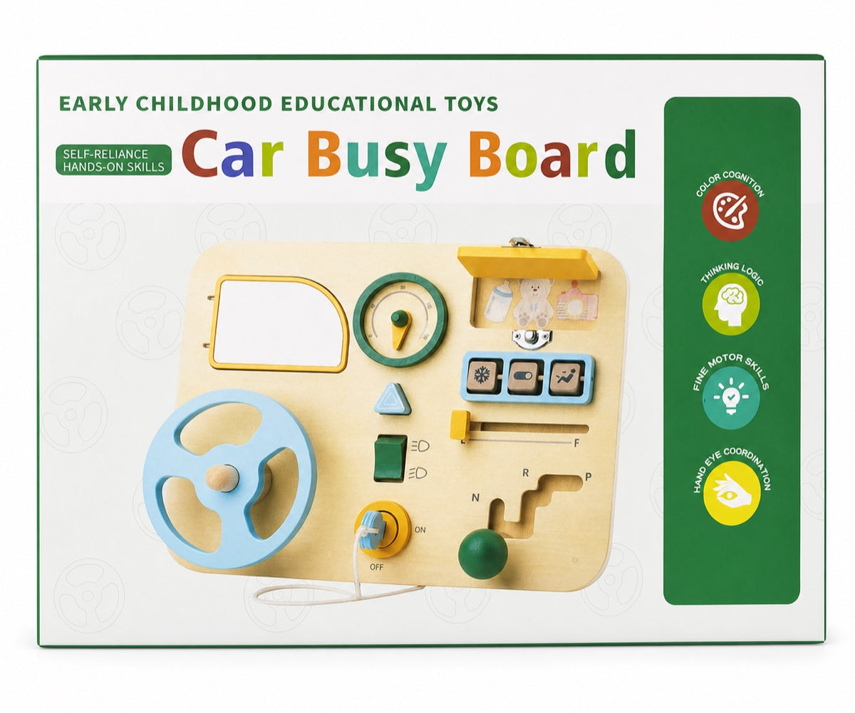 Boîte Car Busy Board : tableau de bord en bois avec volant bleu, levier de vitesses, clé de contact, frein à main et boîte à gants