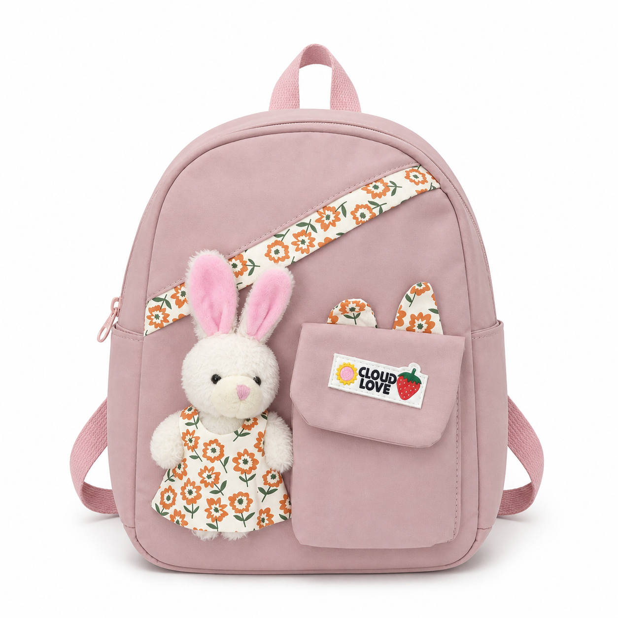 Sac à dos crèche rose avec doudou lapin en robe fleurie et poche à rabat