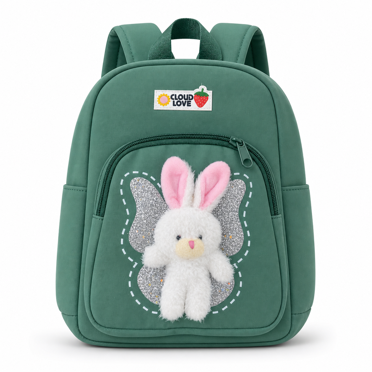 Sac à dos crèche vert avec doudou lapin amovible