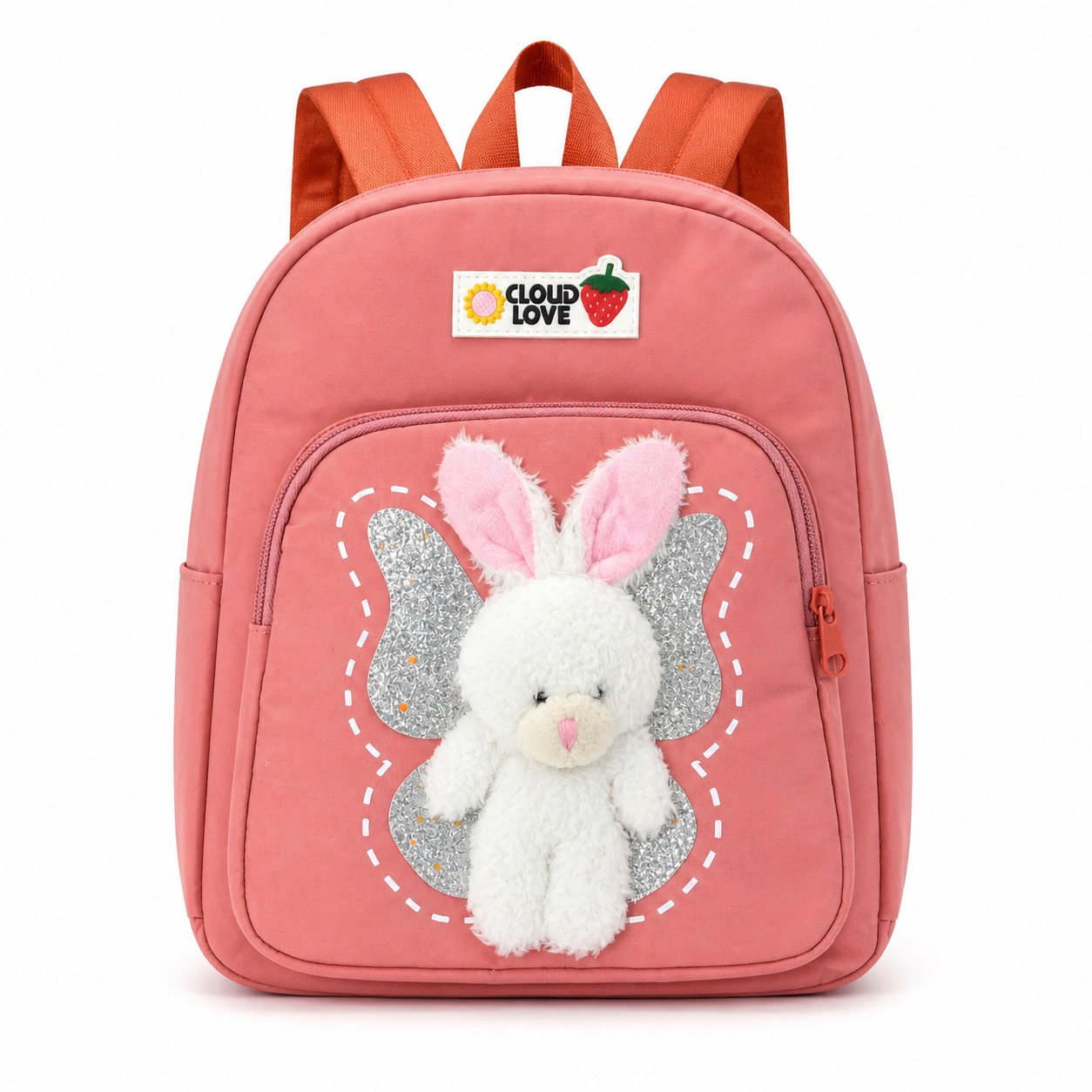 Sac à dos crèche rose avec doudou lapin amovible