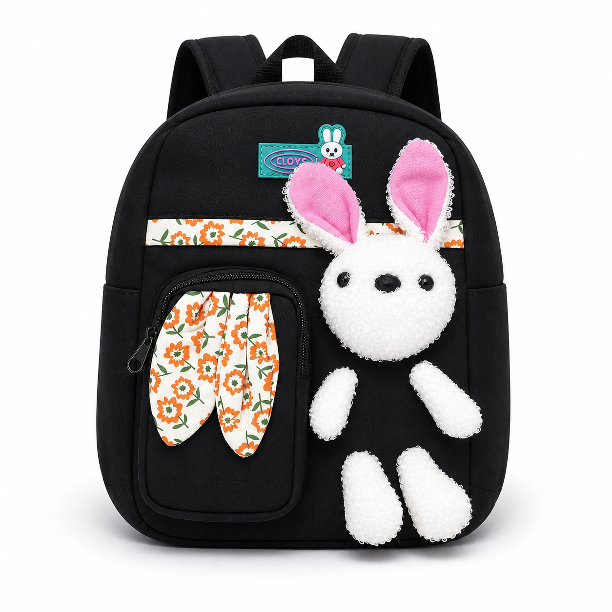 Sac à dos crèche noir lapin 3D en peluche avec poche fleurie