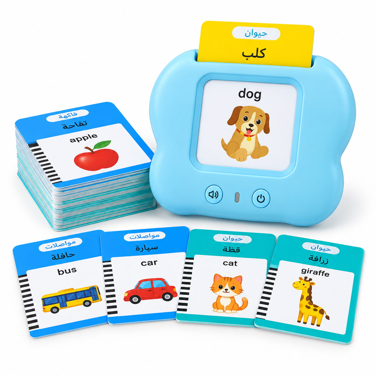 Lecteur de cartes parlantes bleu avec cartes flash illustrées en arabe et en anglais