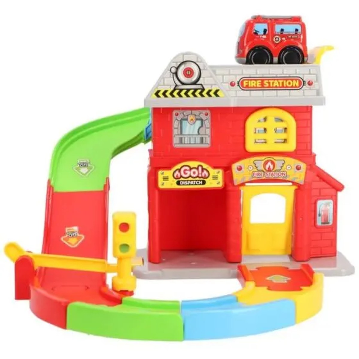 Caserne de pompiers 13 pièces avec circuit, rampe de lancement et camion de pompier