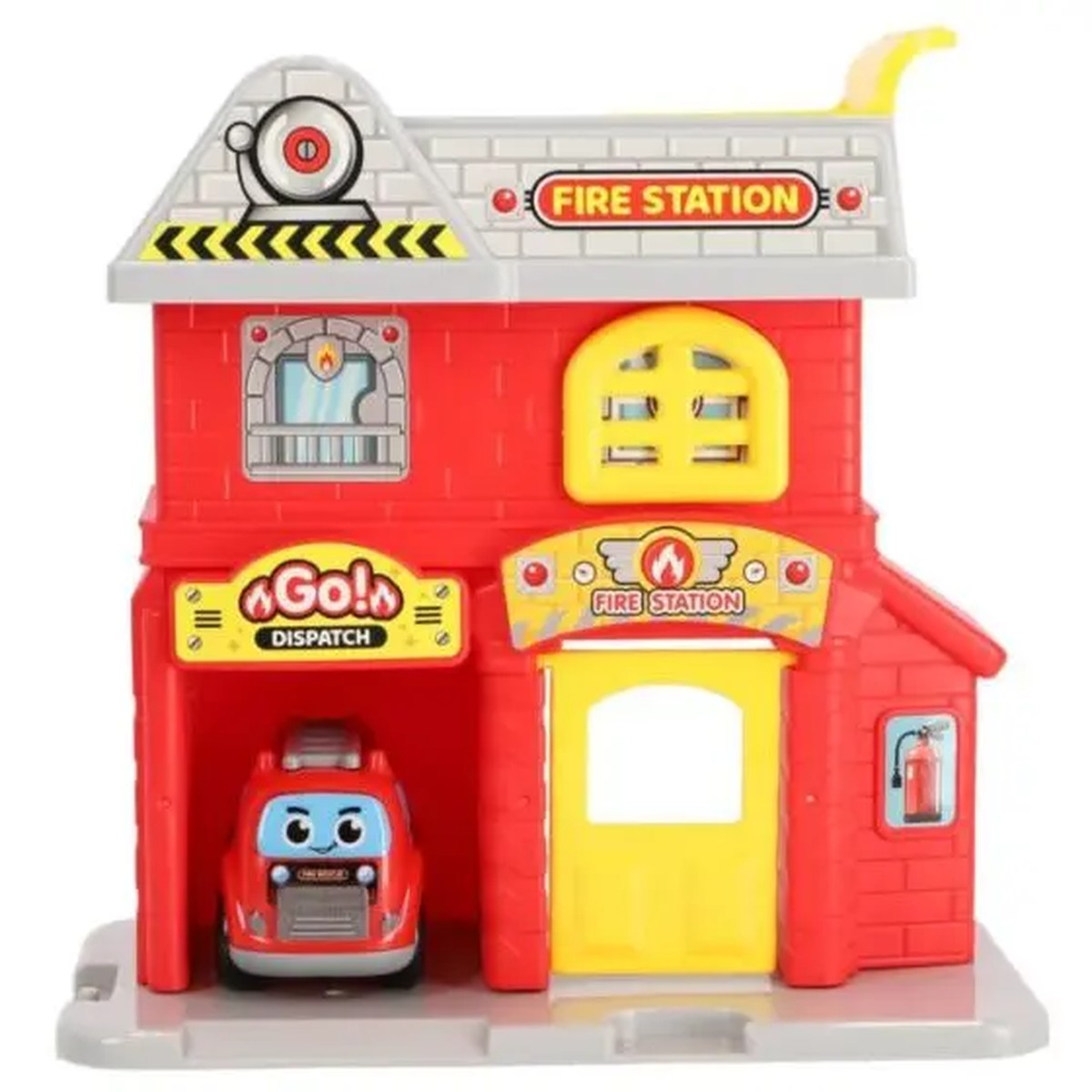 Caserne de pompiers rouge avec porte jaune et panneau GO! DISPATCH