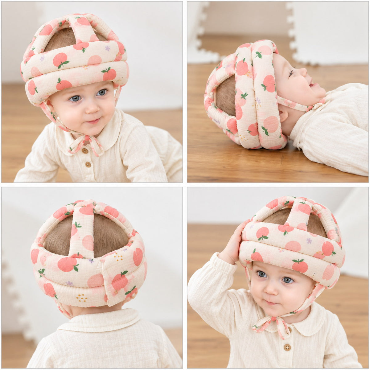 Bébé portant le casque anti-chute imprimé pêches vu de face, de profil, de dos et allongé